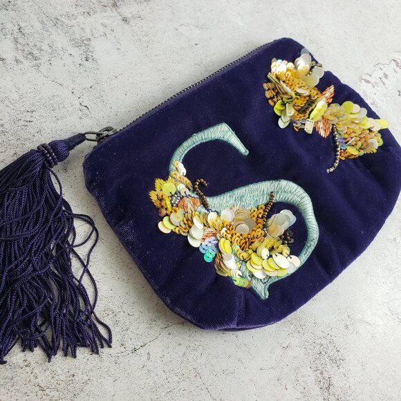 Anthropologie Purse Velour Velvet Monogram Everyday Pouch Zip Sequin Embroidered - Picture 2 of 12